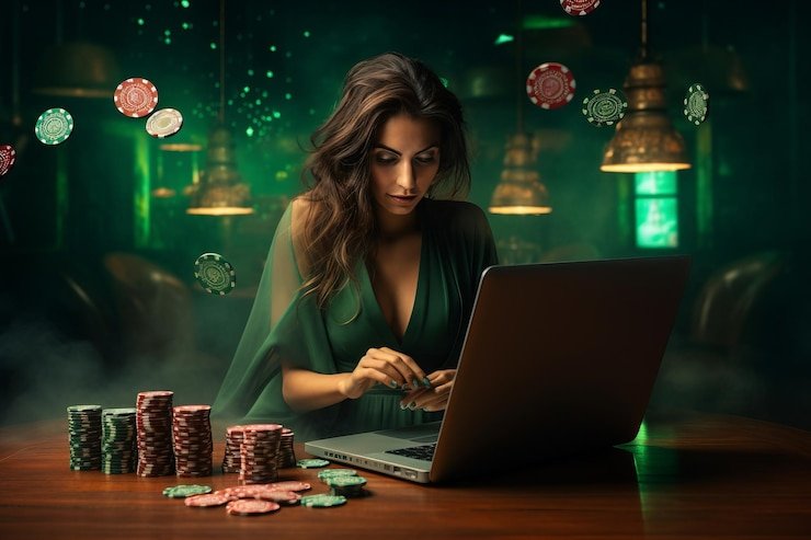 Pemandangan ruangan live casino dengan dealer profesional melakukan permainan blackjack